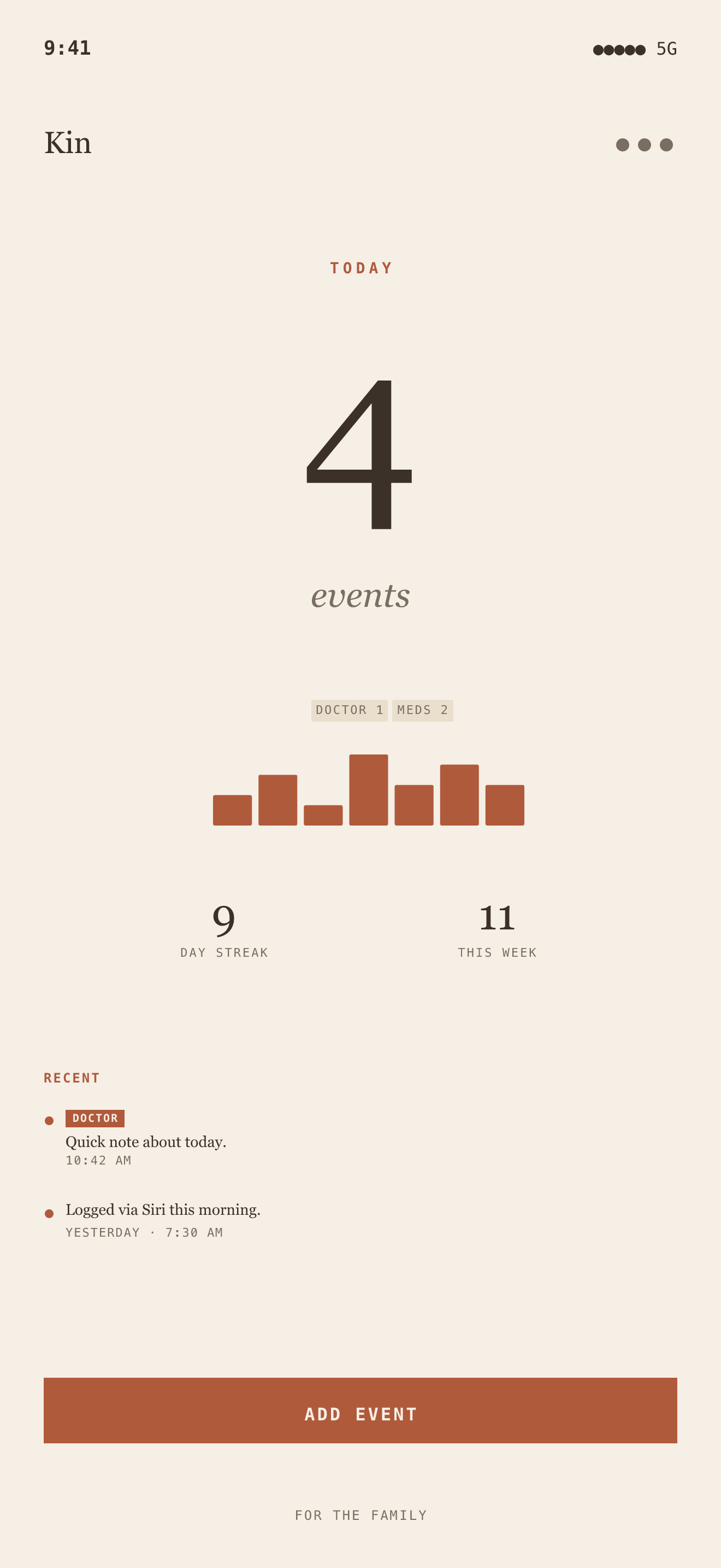 The Kin home screen: the recent entries on one parent's timeline — an appointment, a medication change, a call — with who logged each and when.